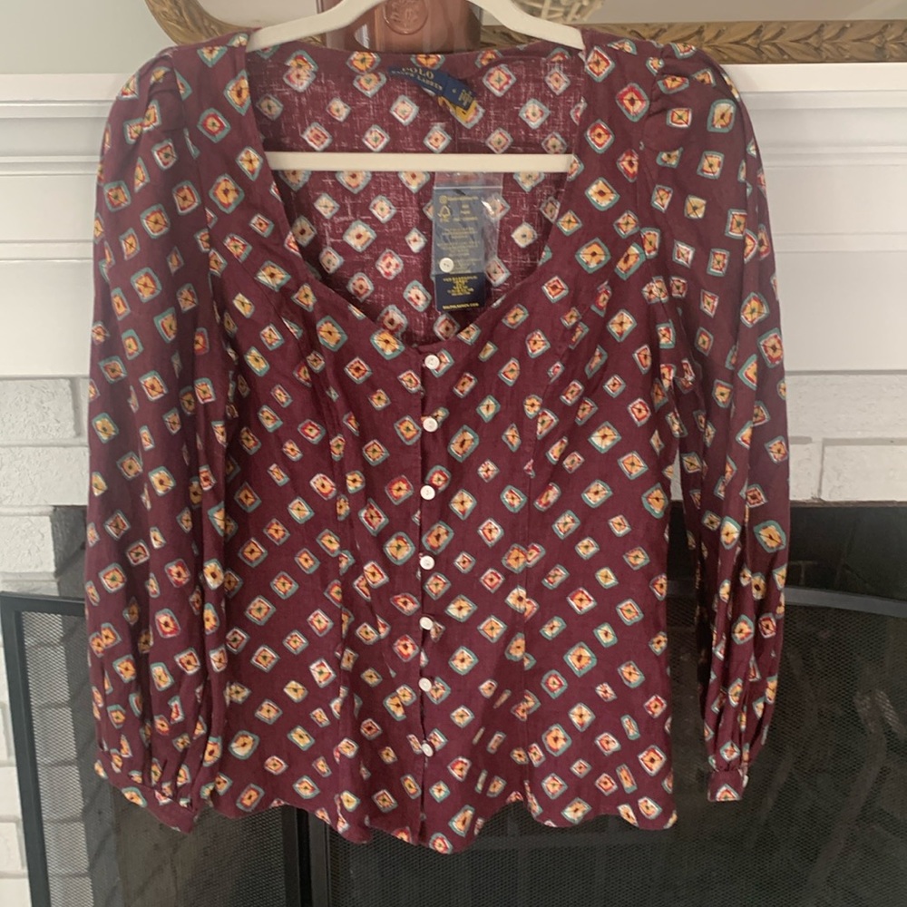 NWT Polo Ralph Lauren Block-Print Linen Button-Front Top - Picture 6 of 11